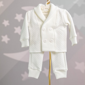 White Cotton Baptism Suit and Hat, Warm Christening Outfit, Baby Boy Christening Suit, Boys Cotton Blessing Outfit, Boys Baptism Outfit