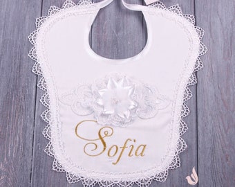 Personalized Lace Baptism Bib: Christening Gift for Baby Girl