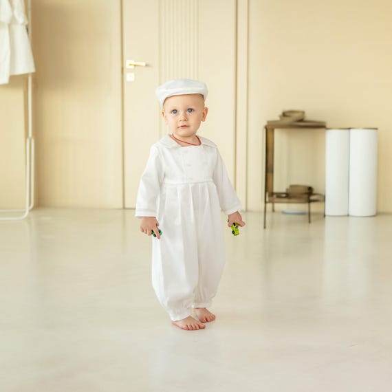 Ensemble barboteuse/bonnet/chaussures de baptême pour garçon