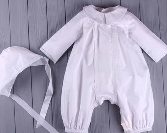 Personalized Boys Christening Outfit: White Cotton Baptism Romper Set