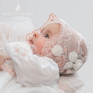 Baptism Girl's Dress - Bonnet - Booties | Long Lace Christening Gown for Baby Girl | Girl's Christening Set | Blessing Gown Girl