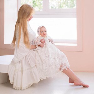 Handmade Lace Christening Gown: Baby Girl Baptism Outfit with Bonnet & Booties