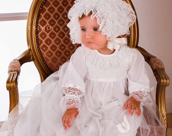 Handmade Lace Christening Gown & Bonnet Set: Fine Cotton Baptism Dress