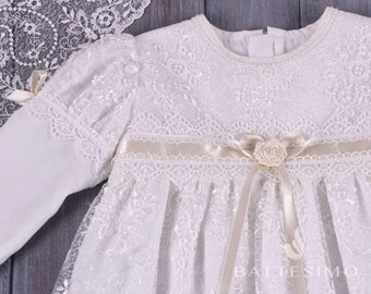 Lace Christening Gown: Chantilly Guipure Baptism Dress - Main Image
