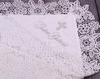 Personalized Lace Baptism Blanket: Christening Keepsake Gift