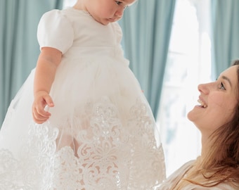 Luxury Lace Baptism Dress with Headband & Personalized Shoes – Baby Girl Christening Outfit, Handmade