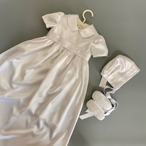 Boys Baptism Gown Monogramed, Christening Gown Boy, Boys Blessing Gown, Boy Christening & Heirloom Outfit, Hat and Booties Personalized