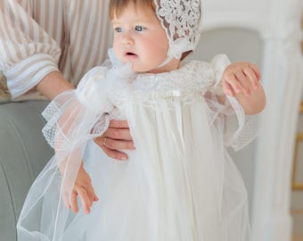 Lace Christening Gown Set – Baby Girl Baptism Dress with Bonnet, Shoes