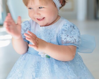 Light Blue Lace Princess Dress – Baby Girl First Birthday Outfit with Headband, Shoes