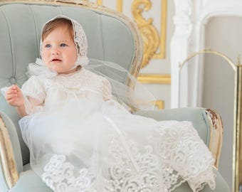 Lace Baptism Gown Set – Heirloom Christening Outfit with Bonnet, Shoes