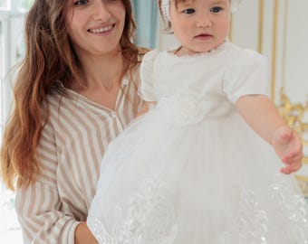 White Lace Christening Dress – Princess Tulle Baptism Outfit, Heirloom Quality