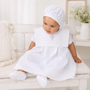Embroidered Cross Cotton Christening Gown Set: Hat & Booties