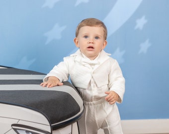 Traje de bautizo para bebé niño de algodón color marfil: traje de bendición con gorro y patucos