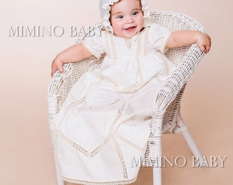 Vintage Lace Christening Gown: Baby Girl Baptism Dress, Bonnet & Booties