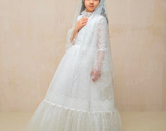White First Holy Communion Gown for Girls and Veil | Holy Communion Dress | Lace 1st Communion Dress |  First Eucharist Dress Veil