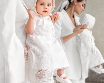 Stunning White Baptism Christening Gown Dress, Girls Baptism Christening Heirloom Lace Gown, Lace Blessing Gown, Baptism Bonnet & Booties