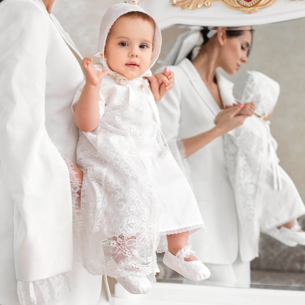 White Lace Christening Gown Heirloom Baptism Dress, Bonnet & Booties