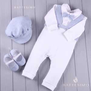 Modern Boy Christening Outfit | Baptism Outfits for Boys - Booties - Hat  | Christening Romper | Boy Blessing Clothes