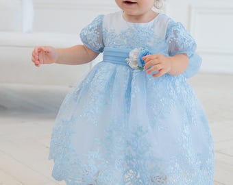 Baby Girl Lace First Birthday Dress – Blue Princess Outfit with Headband, Shoes