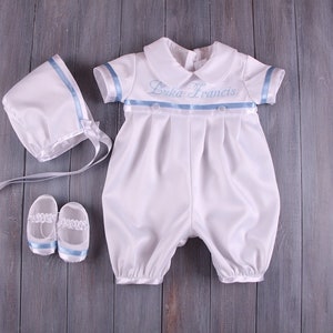 Baptism White & Blue trim Outfit-Baby Boy Christening Outfit-Dedication Outfit-Short Baptism Outfit-Baptism-Baby-Blessing Outfit