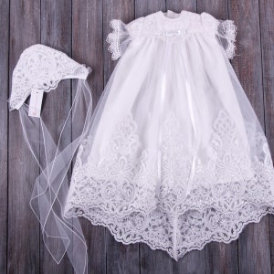 Beautiful White Baby Girl Gown, Bonnet, Booties | Christening Gown Girl | Lace Baptism Outfit Girl | Blessing Dress| Lace Baptism Dress