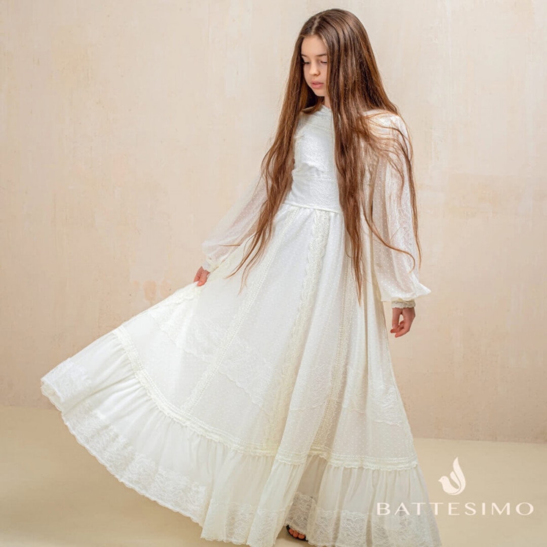 Vestido de manga larga para primera comunion vestido de nina de flores para ninos pequenos vestido de comunion de encaje italiano vestido victoriano de primera comunion talla 14 Etsy Espana