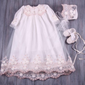 Lace Baptism Gown Girl | Baptism Dress for Baby Girl, Bonnet, Booties, Boho Christening Gown Girl, Lace Baptism Outfit Girl | Blessing Dress