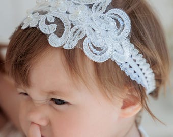 Lace Baby Baptism Headband – Personalized Floral Hair Accessory for Girl