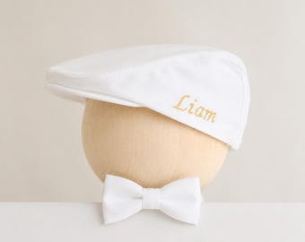 Personalized Baby Boy Baptism Hat & Bow Tie Set – Custom Name Embroidery