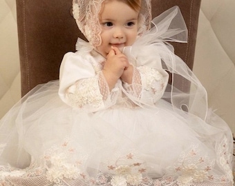 Baby Girl Christening Gown: 3D Italian Lace Baptism Dress