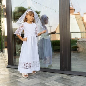 Catholic First Communion Dress with Sleeves and Veil,  Wedding Party Dress,  Flower Girl Dress, Classic Holy Communion Dress