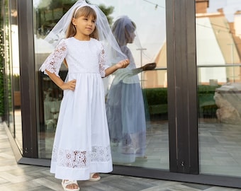 Lace Catholic First Communion Dress with Sleeves and Veil