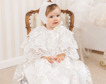 Baby Girl Baptismal and Blessing Gown - Bonnet - Booties Personalized, Lace Baptism Gown Baby Girl, Family Heirloom Gown