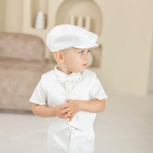 White Baptism Outfit Boy, Baby Boys Suit, Boys Blessing Suit, Christening Suit -  Newsboy Hat -  Shirt - Bowtie Booties and Bib Personalized