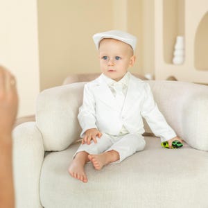 Ubranko do chrztu dla chłopca, białe, bawełniane, ubranka do chrztu dla chłopców | Ubranko do błogosławieństwa dla chłopca - czapka - koszula - krawat - buty personalizowane