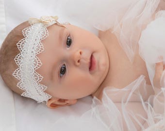 Baby Baptism Headband With Pearls - White Lace Bow Christening Headwear For Newborn Girls