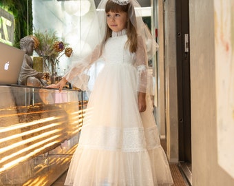 White First Communion Dress and Veil, Catholic Holy Communion Dress, 1st Holy Communion Dress, Lace Flower Girl Dress