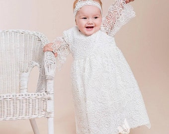 Beautiful Lace Christening Gown - Headband - Booties, Blessing Dress, Baptismal Dress, White Lace Baptism Dress, heirloom christening