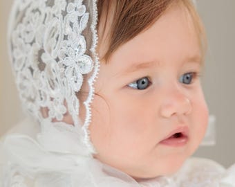 Handmade Lace Baby Girl Bonnet – Baptism Christening Hat, Heirloom Gift