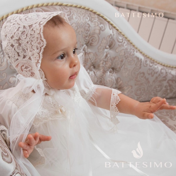 Baptism Dress for Baby Girl - Bonnet - Shoes | Christening Gown Girl | Lace Baptism Outfit Girl, Blessing Dress | Baptism Gown for Baby Girl