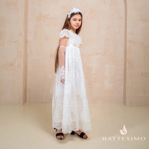 White Lace First Communion Dress - Headband - Gloves | Holy Communion Dress | 1st Communion Dress | Lace Flower Girl Dress