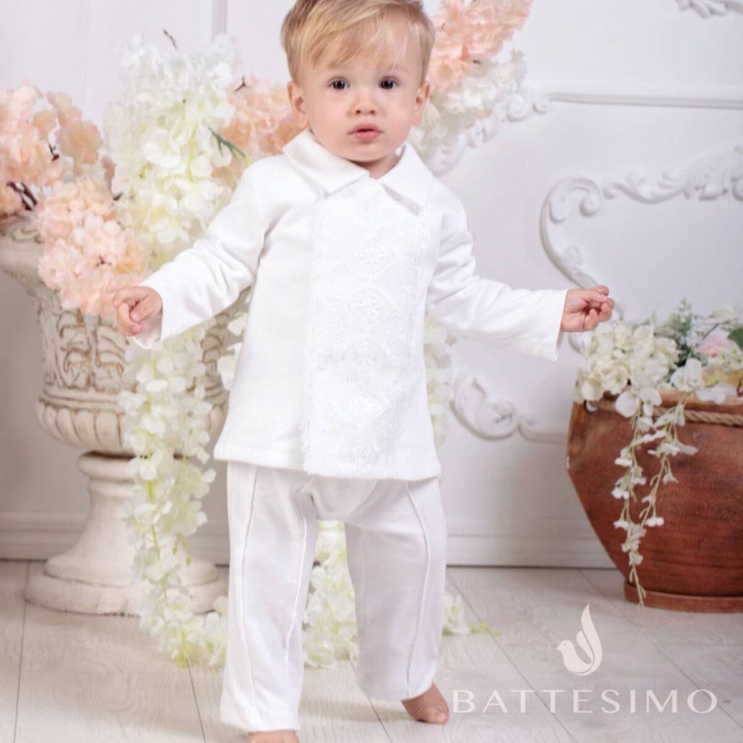 Boys Christening Outfit, Boys White Cotton Baptism Suit, White