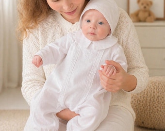 Leinen Baby Jungen Tauf-Outfit: Overall, Mütze & Schühchen