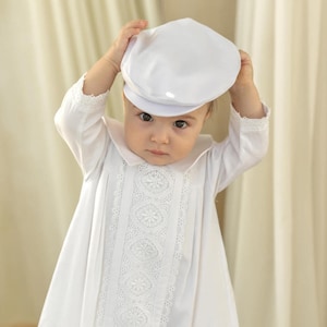 Boys White Christening Gown - Hat - Booties  | Baby Boy Baptism Outfit | Boys White Baptismal Gown | Boys Christening Blessing Gowns