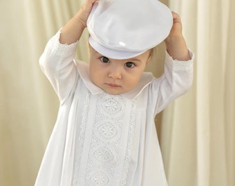 Boys White Christening Gown - Hat - Booties  | Baby Boy Baptism Outfit | Boys White Baptismal Gown | Boys Christening Blessing Gowns