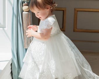 Girl's Christening Lace Dress with Long Train, Italian Lace, Headband, Personalized Shoes