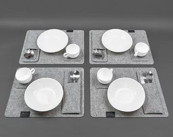 Felt Placemats Set of 4 with Cutlery Holder, Minimalist Dining Table Mats, Table Decor, Modern Housewarming Gift, New Home Tableware