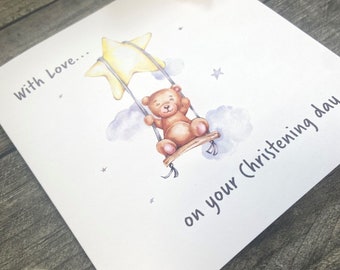 Christening Card / Unisex Christening Card / Teddy Christening Card / Cute Christening Card / Bear Christening Card / Star Christening Card