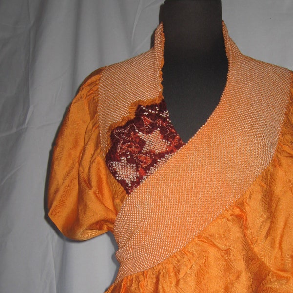 Kimono de seda, seda, vintage, shibori, mandarina/marrón, haori, incompleto, casi una blusa, una falda... DIY, material