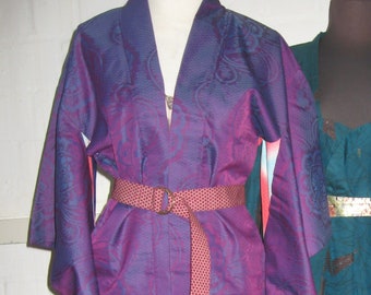 Kimono jacket, haori, long, vintage, excellent condition, wonderful jacquard, Japan, iridescent purple